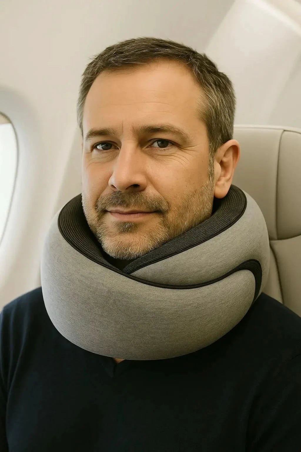 Homme portant un oreiller de voyage ShoSens® pour un confort cervical optimal en avion.